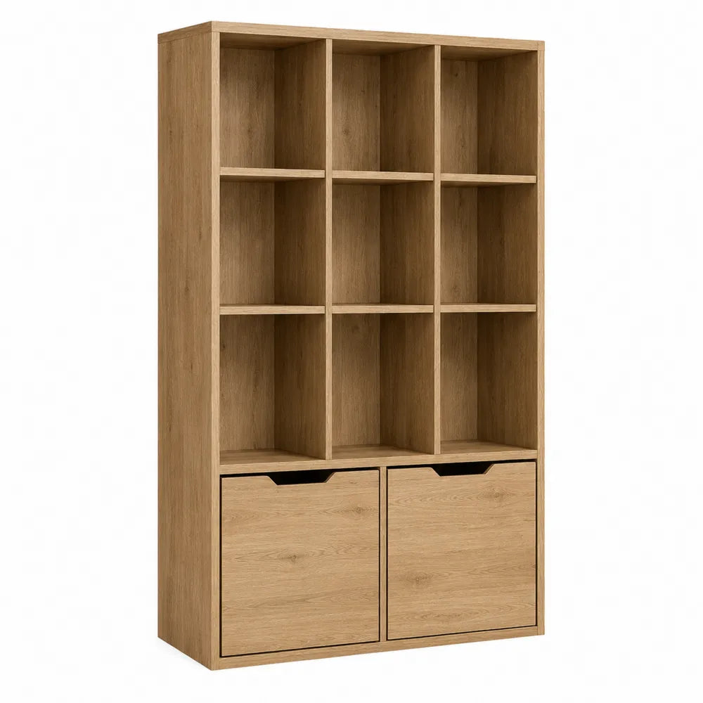 Libreria scaffale rettangolare in truciolare effetto rovere con 9 vani aperti e 2 cassetti rovere naturale 90 x 30 x 180 cm
