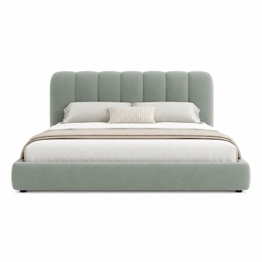 Letto matrimoniale imbottito in tessuto verde salvia con testiera a pannelli struttura in legno e MDF rete a doghe 160 x 200 x 110 cm