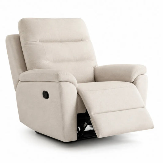Poltrona relax reclinabile in tessuto beige con poggiapiedi integrato struttura in metallo e legno 85 cm x 90 cm x 100 cm
