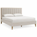 Letto matrimoniale imbottito rettangolare 215 x 170 x 110 cm per materasso 160 x 200 cm con testiera a pannelli verticali in tessuto di poliestere beige chiaro e struttura in legno naturale
