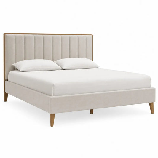 Letto matrimoniale imbottito rettangolare 215 x 170 x 110 cm per materasso 160 x 200 cm con testiera a pannelli verticali in tessuto di poliestere beige chiaro e struttura in legno naturale