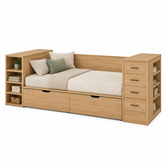Letto singolo contenitore in MDF effetto rovere 205 x 95 x 90 cm con librerie laterali cassetti frontali e modulo a cassetti per materasso 90 x 200 cm