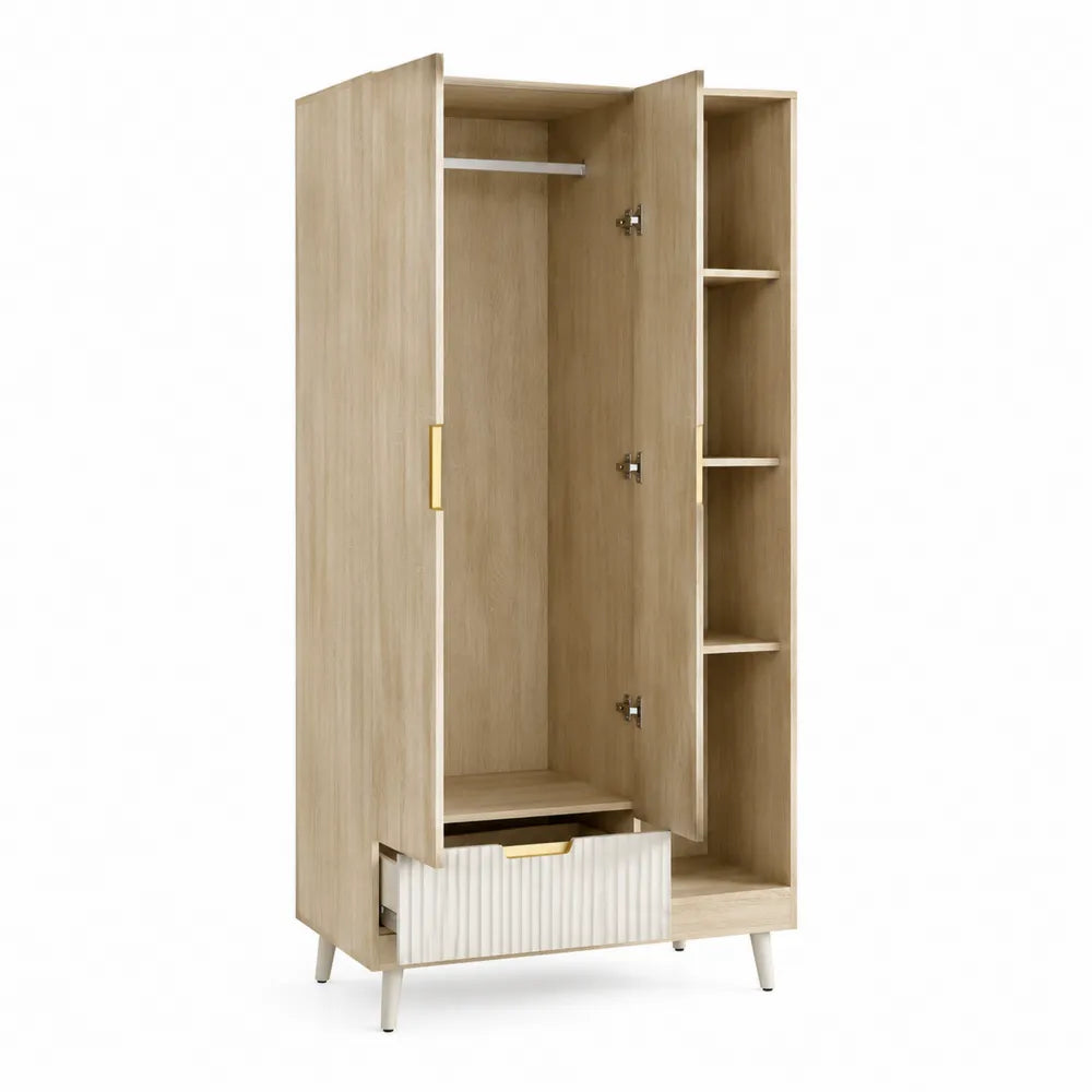 Armadio guardaroba rettangolare con 2 ante asta appendiabiti cassetto e ripiani laterali effetto rovere naturale e bianco 100 x 50 x 180 cm
