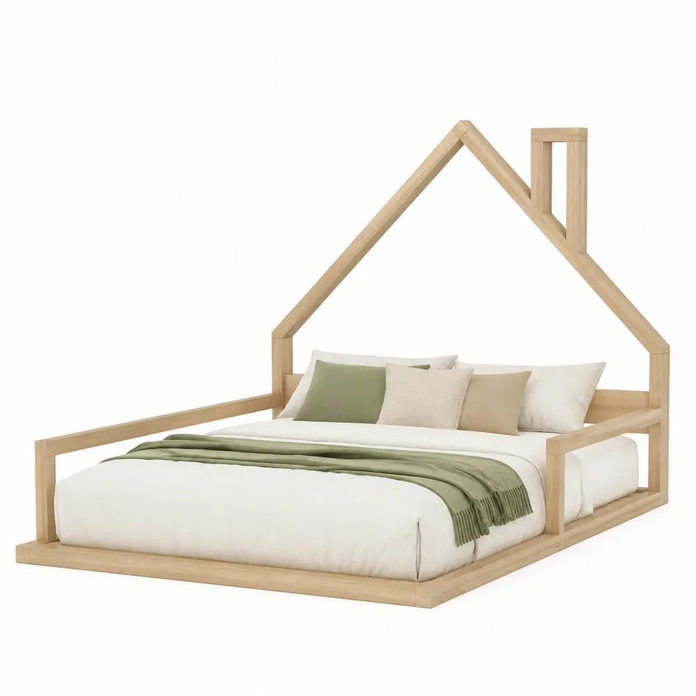Letto a casetta in legno di pino naturale 200 x 140 x 180 cm con struttura a tetto e rete a doghe
