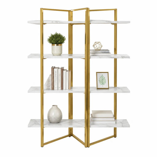 Libreria scaffale modulare a giorno in acciaio verniciato oro e truciolare effetto marmo bianco 120 x 30 x 160 cm